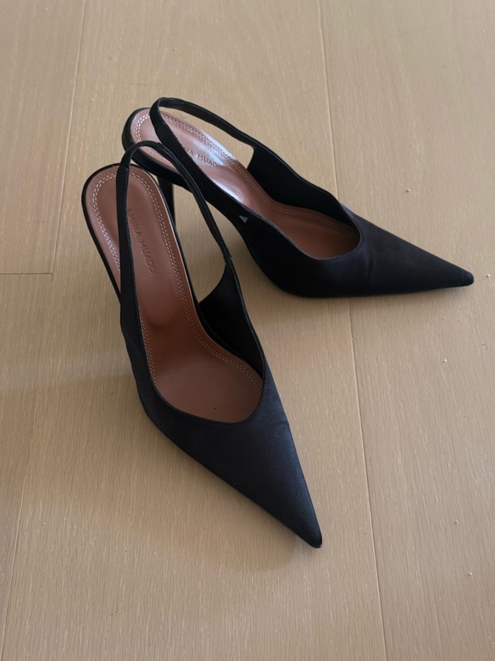 Amina Muaddi Silk Black Pointed-Toe Slingback Pumps
